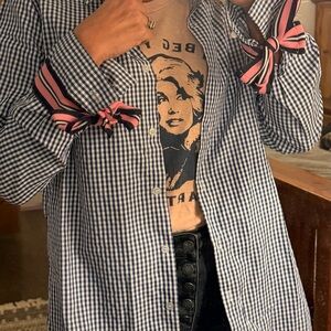 Checkered blue & white Button-Up Shirt with Pink Accents bows